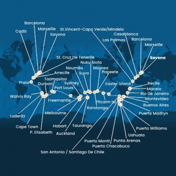 Costa Deliziosa - Olaszország, Franciaország, Spanyolország, Marokkó, Kanári-szigetek, Zöld-Foki Köztársaság, Brazília, Uruguay, Argentína, Chile, Francia Polinézia, Új-Zéland, Ausztrália, South Africa, Namibia