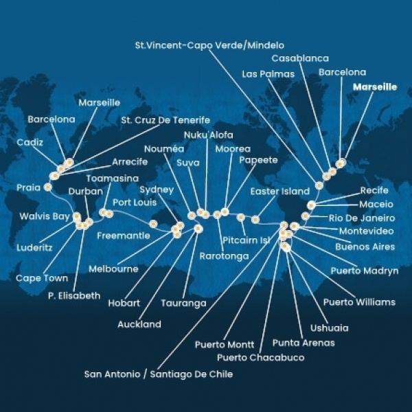 Costa Deliziosa - Franciaország, Spanyolország, Marokkó, Kanári-szigetek, Zöld-Foki Köztársaság, Brazília, Uruguay, Argentína, Chile, Francia Polinézia, Tonga, Új-Zéland, Ausztrália, South Africa, Namibia