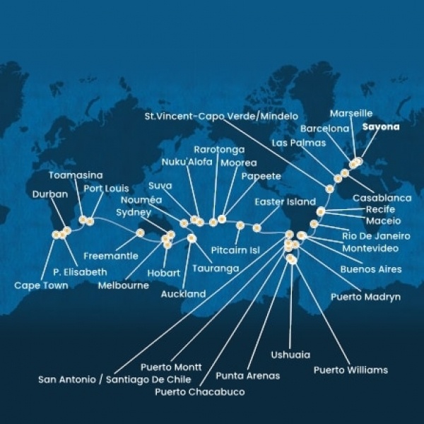 Costa Deliziosa - Olaszország, Franciaország, Spanyolország, Marokkó, Kanári-szigetek, Zöld-Foki Köztársaság, Brazília, Uruguay, Argentína, Chile, Francia Polinézia, Tonga, Új-Zéland, Ausztrália, South Africa