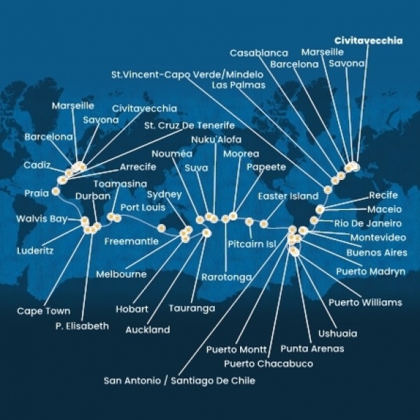 Costa Deliziosa - Olaszország, Franciaország, Spanyolország, Marokkó, Kanári-szigetek, Zöld-Foki Köztársaság, Brazília, Uruguay, Argentína, Chile, Francia Polinézia, Új-Zéland, Ausztrália, South Africa, Namibia