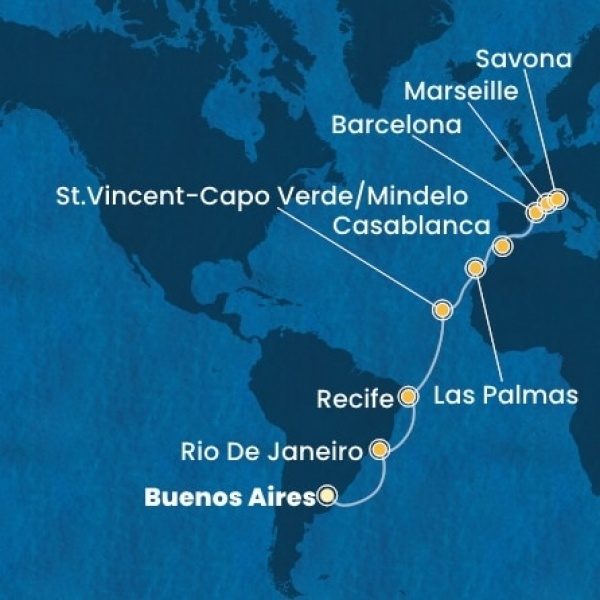 Costa Favolosa - Argentína, Brazília, Zöld-Foki Köztársaság, Kanári-szigetek, Marokkó, Spanyolország, Franciaország, Olaszország