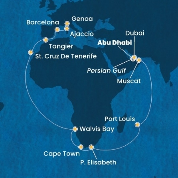 Costa Smeralda - Egyesült Arab Emirátusok, Omán Szultánság, Mauritius, South Africa, Namibia, Kanári-szigetek, Marokkó, Spanyolország, Corsica (France), Olaszország